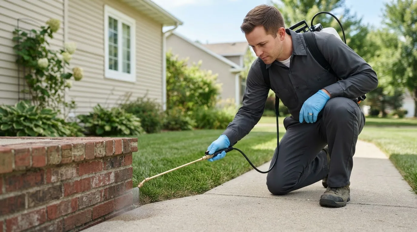 Pest control technician treating a home near Kremlin, OK
