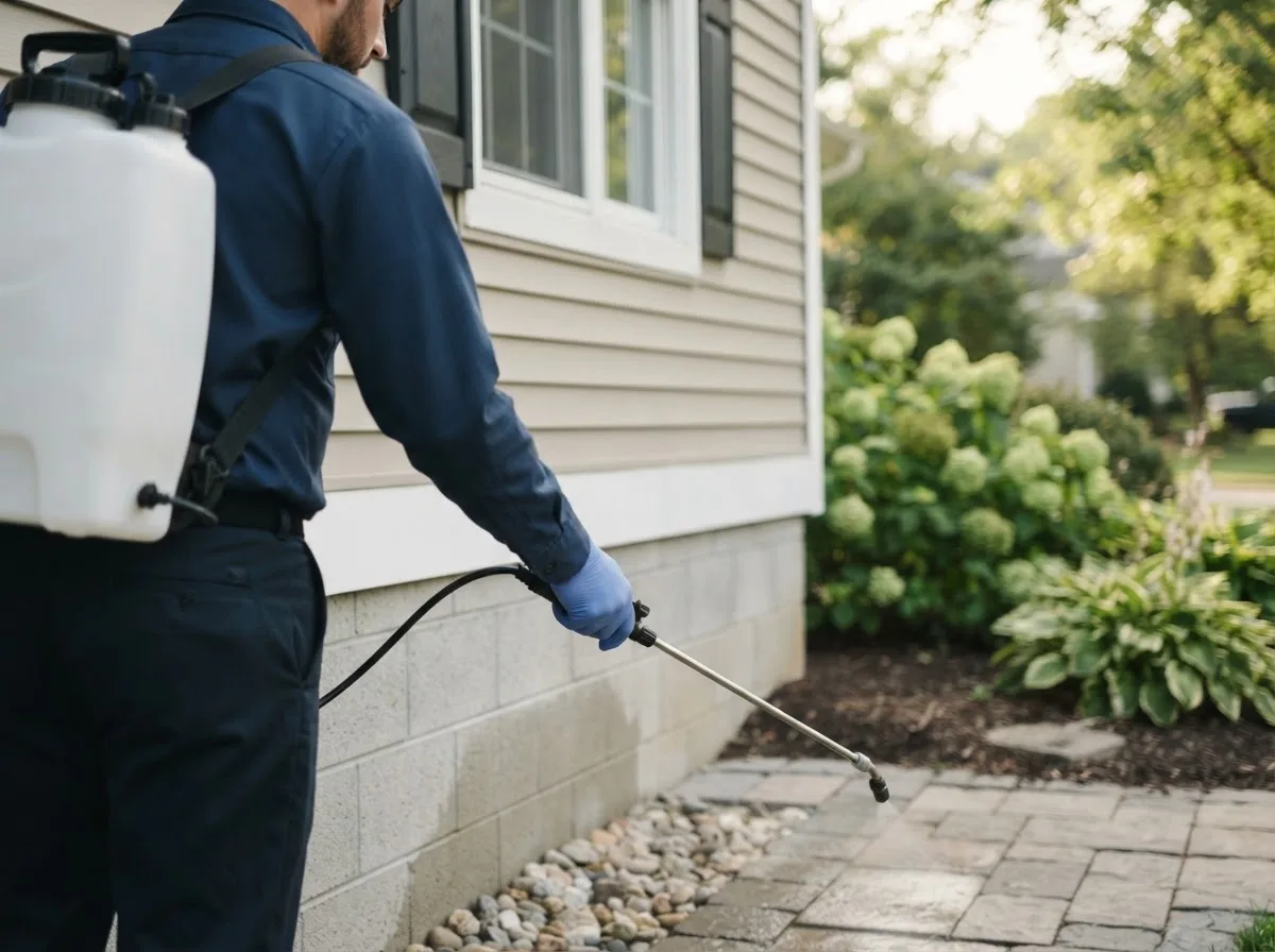 Pest control technician inspecting a home in Kremlin, OK